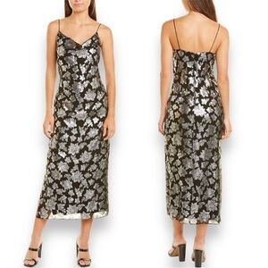 CLUB Monaco Jacquard Silk Metallic Silver Slip MIDI Dress NWT size 6